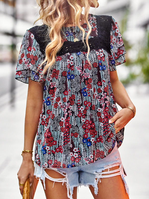 New Elegant Casual Floral Round Neck Short Sleeve Top