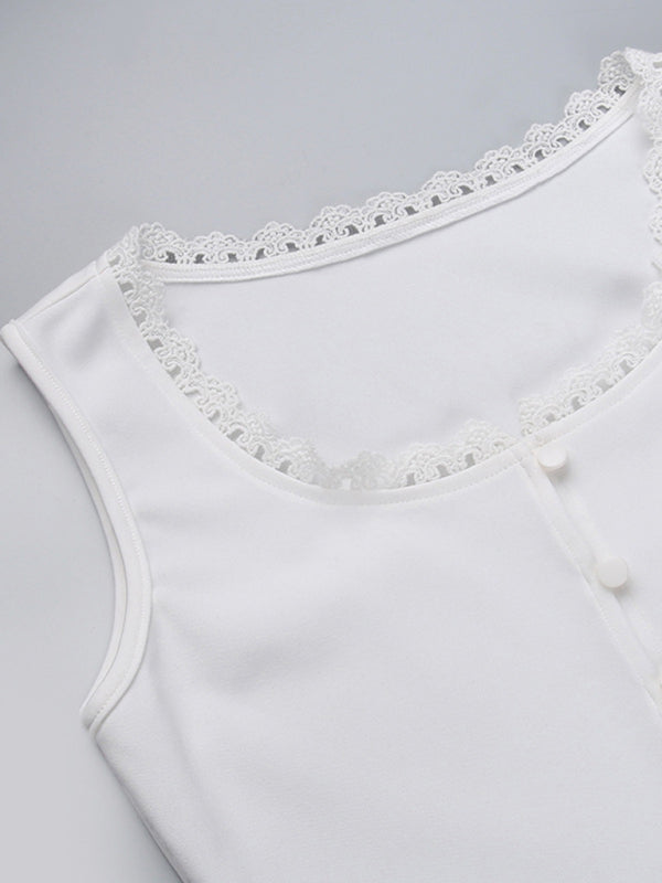 Gilet en dentelle à col carré et boutons, design décontracté, assorti avec tout, haut de couleur unie 