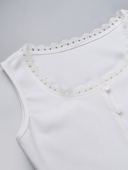Gilet en dentelle à col carré et boutons, design décontracté, assorti avec tout, haut de couleur unie 