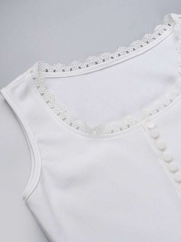 Gilet en dentelle à col carré et boutons, design décontracté, assorti avec tout, haut de couleur unie 
