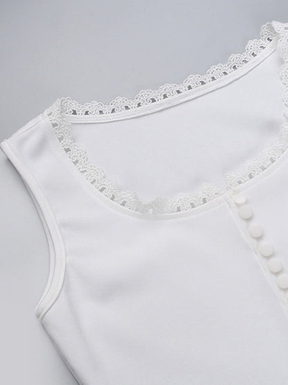 Gilet en dentelle à col carré et boutons, design décontracté, assorti avec tout, haut de couleur unie 
