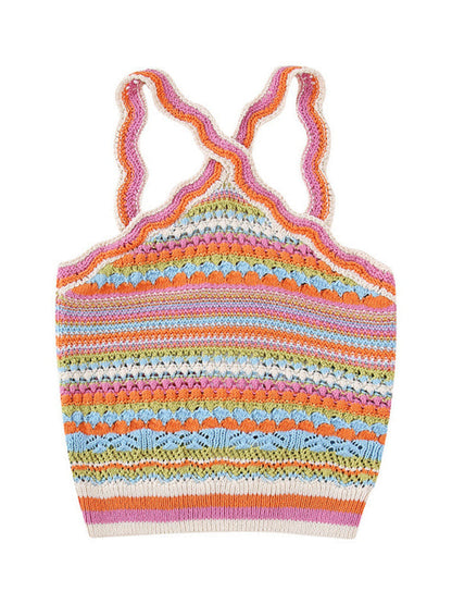 Ethnic style sweet contrast color striped vest halter neck sling vest top