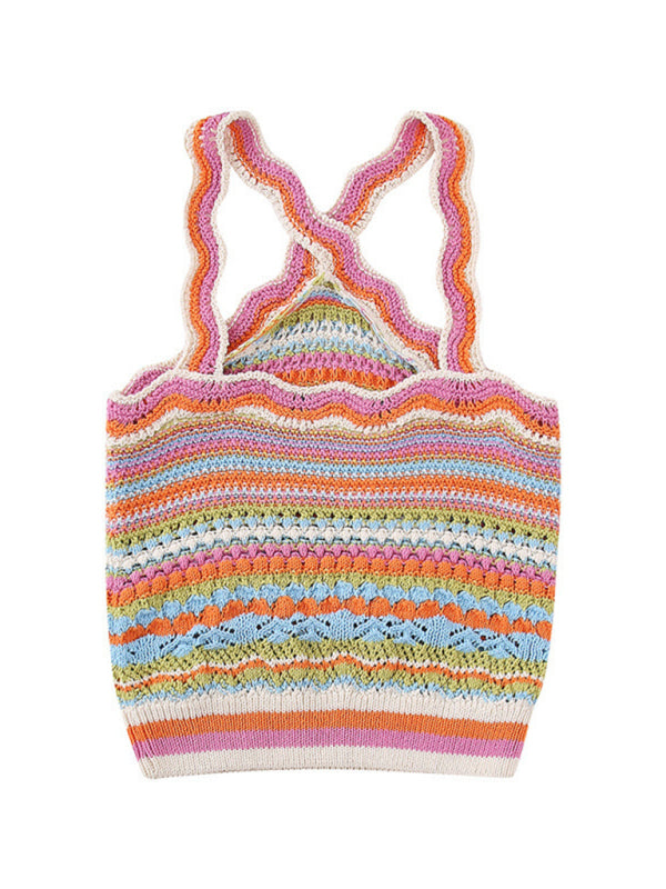 Ethnic style sweet contrast color striped vest halter neck sling vest top