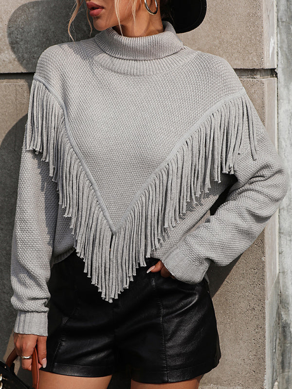 Damen-Pullover mit lockerem Fransen-Strick-Rollkragenpullover 