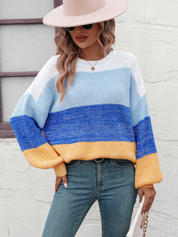 Pull tendance en tricot à col rond et blocs de couleurs pour femmes 