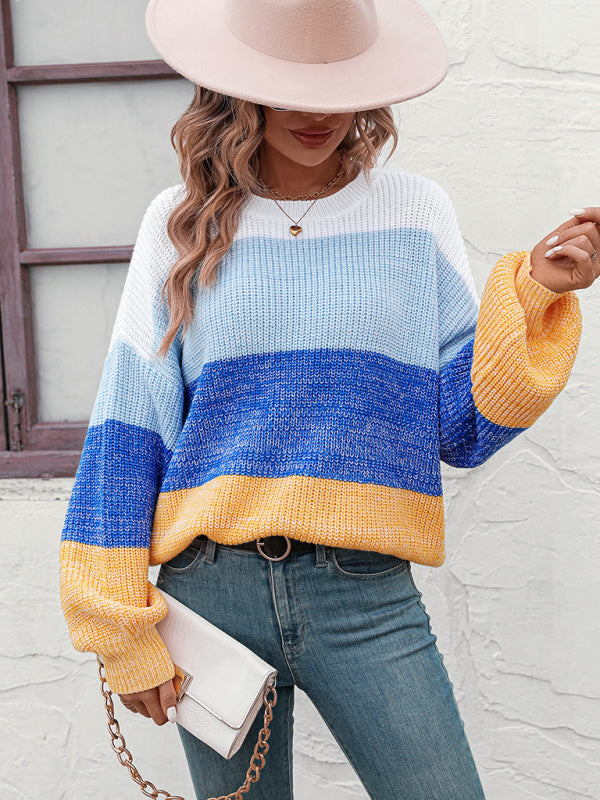 Pull tendance en tricot à col rond et blocs de couleurs pour femmes 