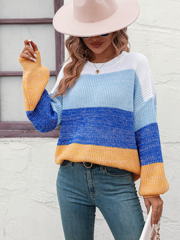 Pull tendance en tricot à col rond et blocs de couleurs pour femmes 