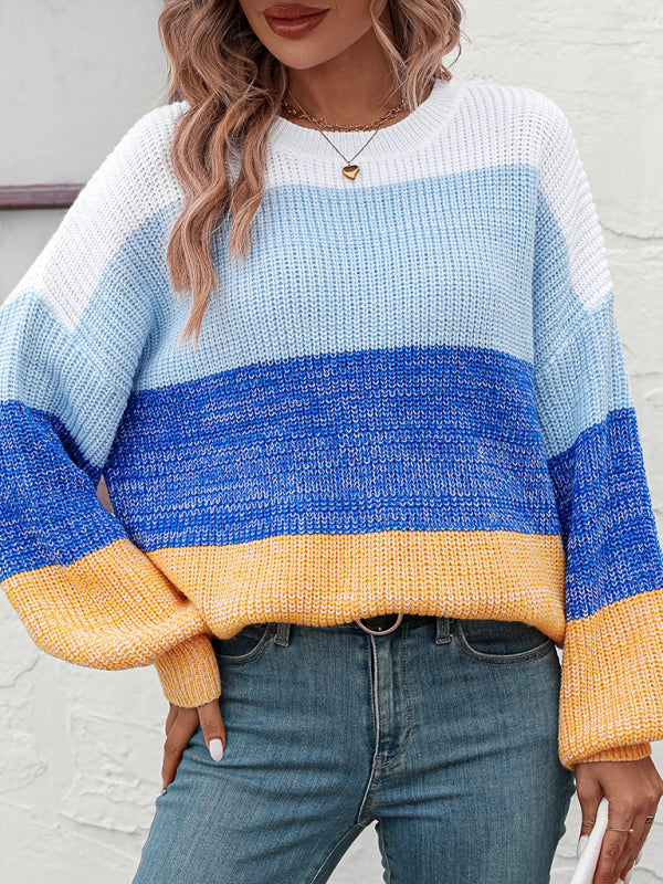 Pull tendance en tricot à col rond et blocs de couleurs pour femmes 