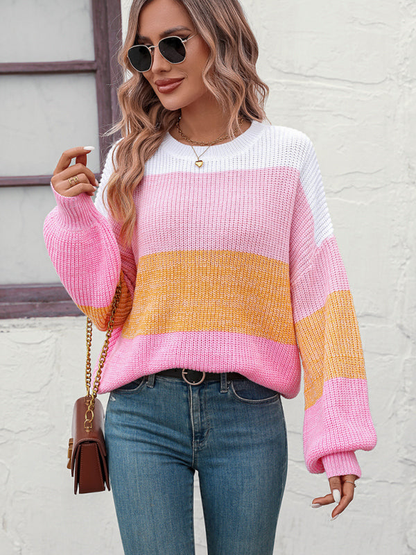 Pull tendance en tricot à col rond et blocs de couleurs pour femmes 