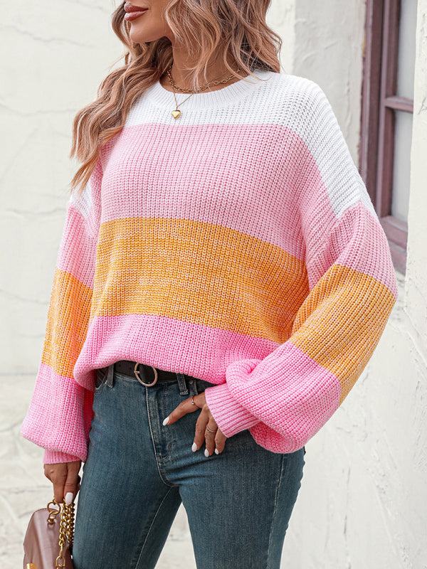 Pull tendance en tricot à col rond et blocs de couleurs pour femmes 