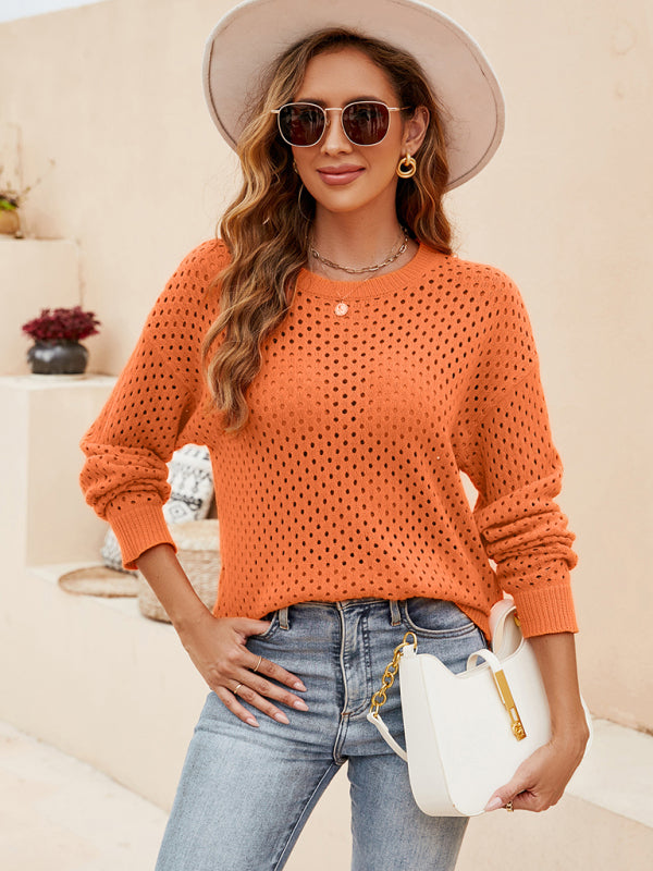 Pull à col rond en tricot avec découpe de couleur unie pour femme 