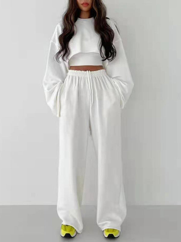 Fashion pullover long-sleeved navel sweater + suspender straight-leg wide-leg pants three-piece set