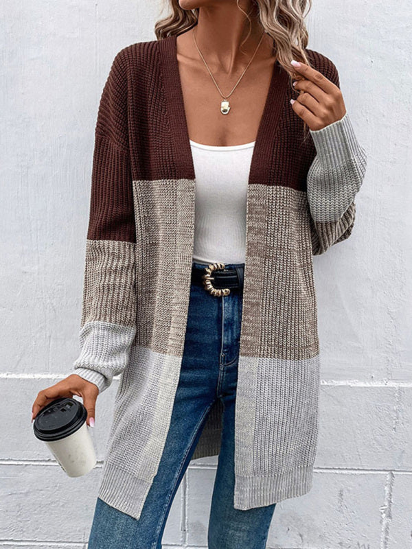 Mode Damen Herbst und Winter neue langärmelige farbblockierende lange Pullover-Strickjacke 