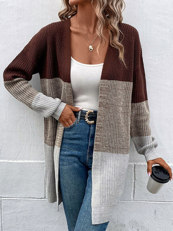 Mode Damen Herbst und Winter neue langärmelige farbblockierende lange Pullover-Strickjacke 