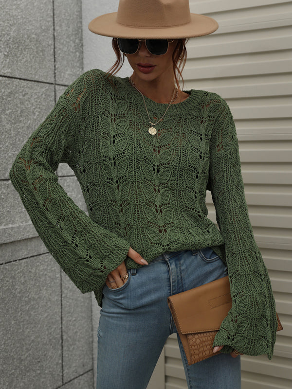 Trumpet sleeve hollow pullover round neck loose sweater women