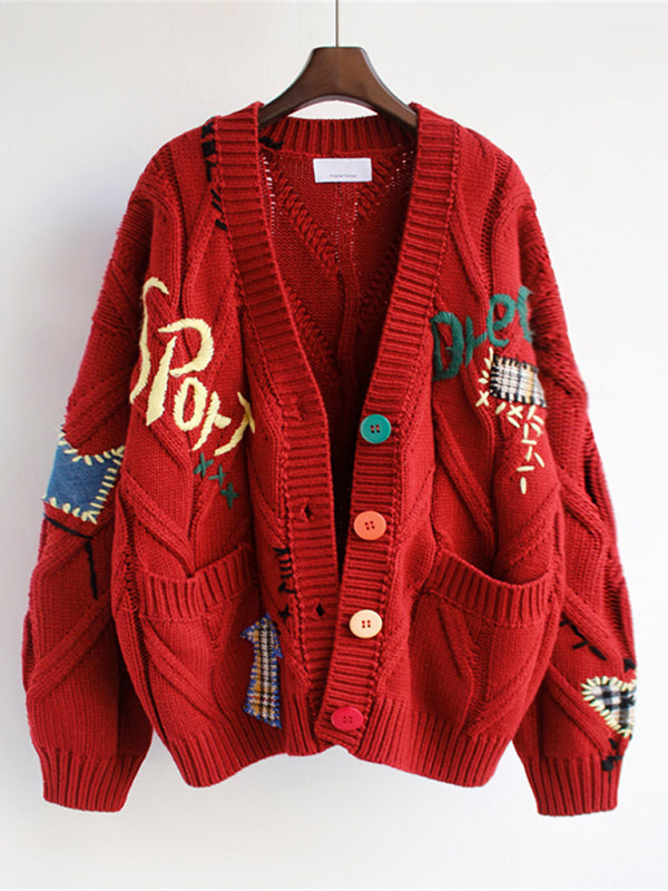 Cute Embroidered Loose Cropped Knit Cardigan with Patch Pockets