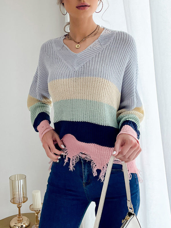 Lässiger, langärmeliger, abgenutzter Strickpullover mit V-Ausschnitt für Damen 