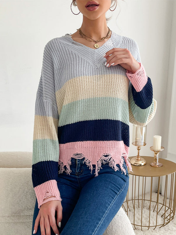 Lässiger, langärmeliger, abgenutzter Strickpullover mit V-Ausschnitt für Damen 