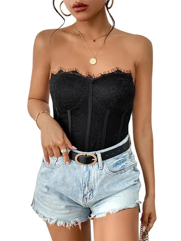 Black lace strapless bodysuit paired with denim shorts