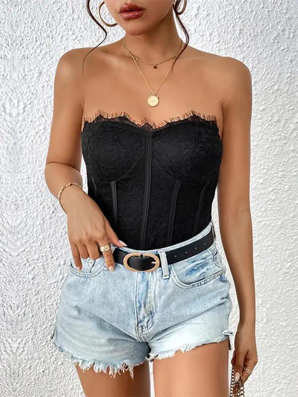 Elegant black lace strapless bodysuit with denim shorts