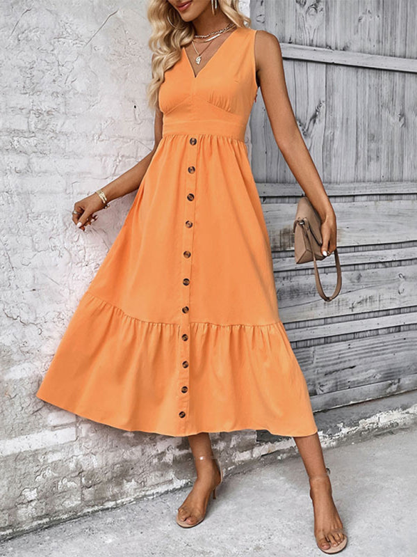 Ärmelloses Damenkleid im minimalistischen Stil mit einfarbigen Knöpfen und V-Ausschnitt