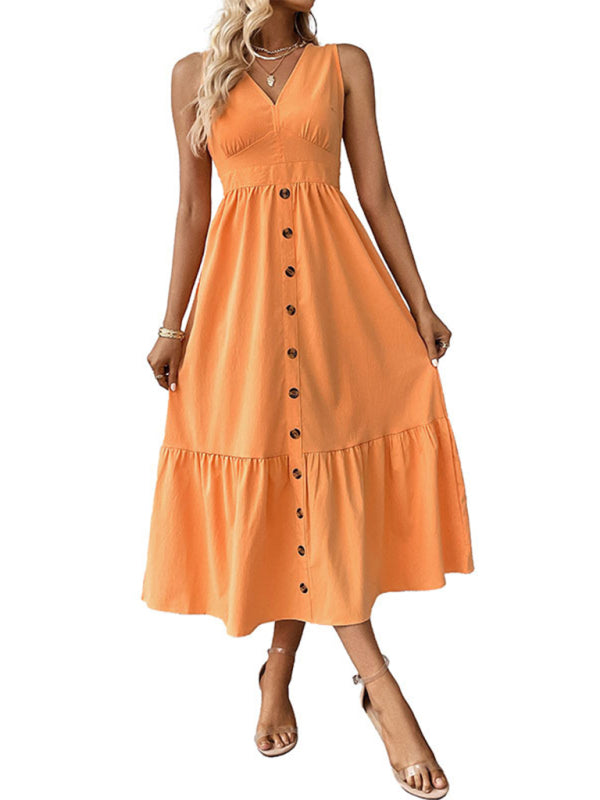 Ärmelloses Damenkleid im minimalistischen Stil mit einfarbigen Knöpfen und V-Ausschnitt