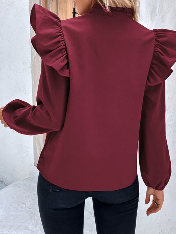 Neues rotes, langärmliges, einfarbiges Hemdoberteil mit V-Ausschnitt für Damen 