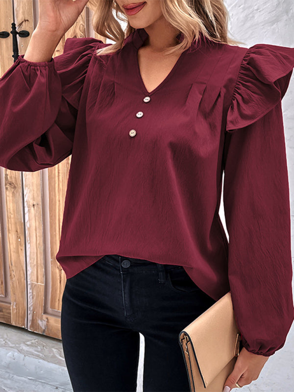 Neues rotes, langärmliges, einfarbiges Hemdoberteil mit V-Ausschnitt für Damen 