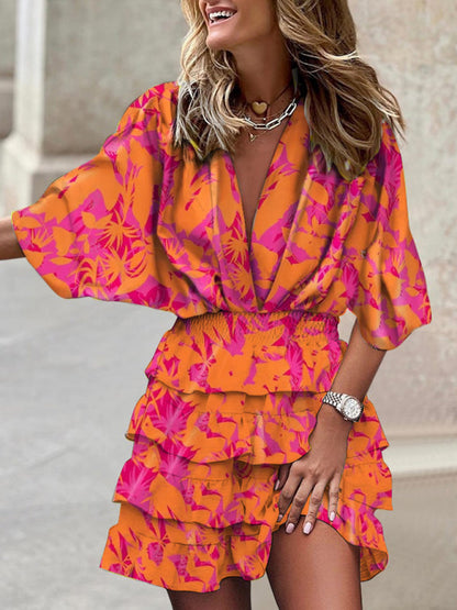 Dolman sleeve V-neck print irregular hem dress