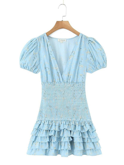 New V-neck elastic waist hem multi-layer splicing puff sleeve hip skirt pleated dress