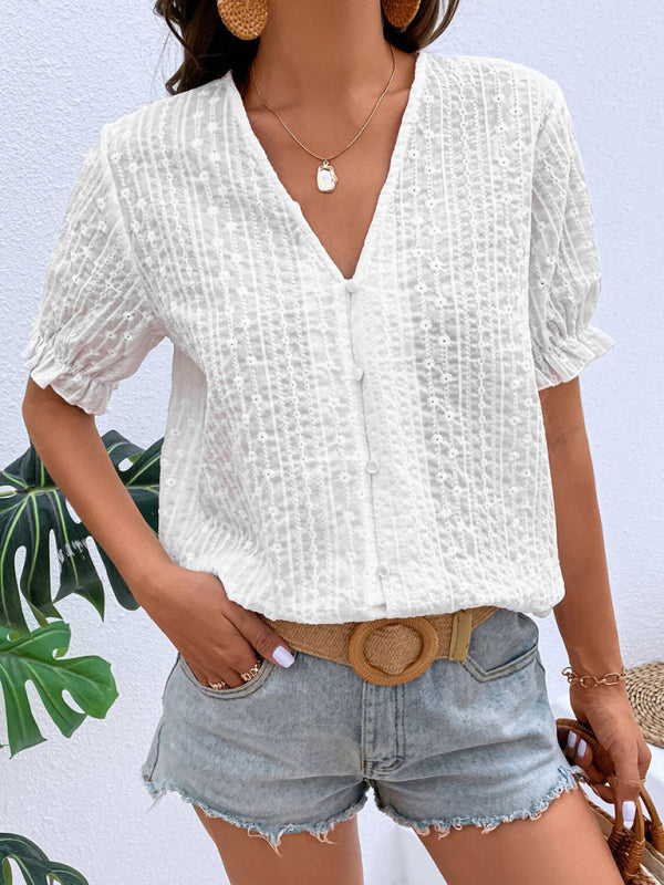 Ladies New Lace Puff Sleeve Button Up Street Top Short Sleeve Lace Top