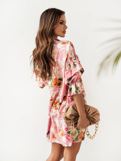 Pleated stand-up collar ruffled print dress