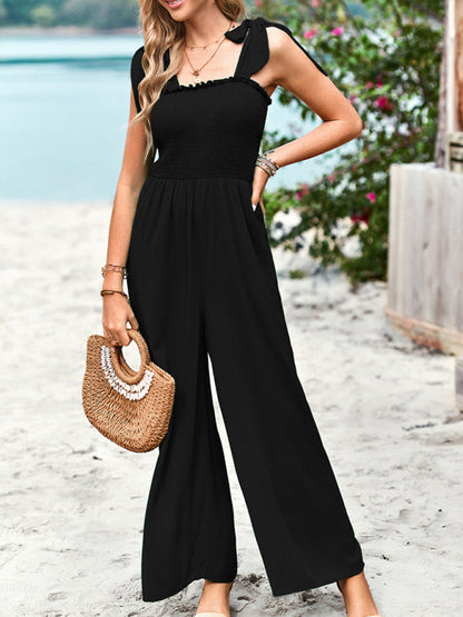 Black high waist wrap chest suspender jumpsuit with wide leg pants