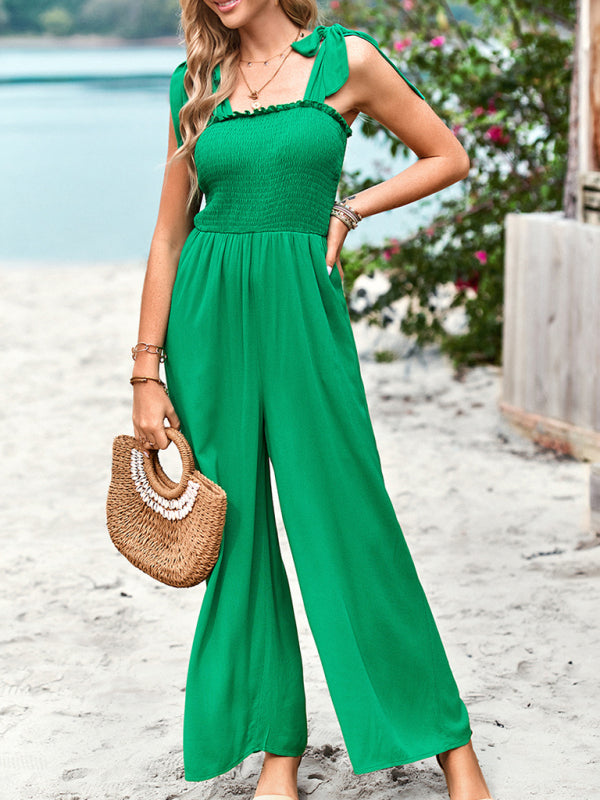 Green high waist wrap chest suspender jumpsuit with wide leg pants
