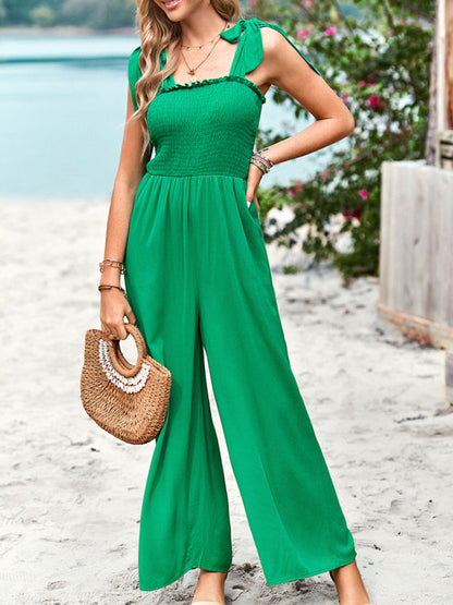 Green high waist wrap chest suspender jumpsuit with wide leg pants