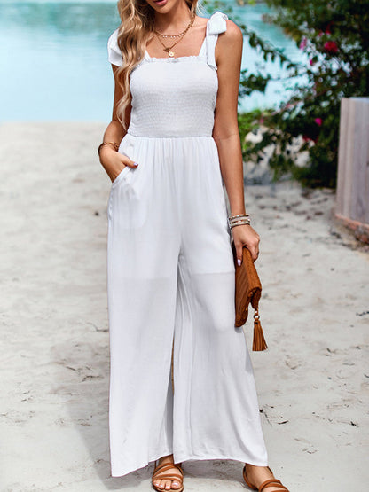 White high waist wrap chest suspender jumpsuit with wide leg pants