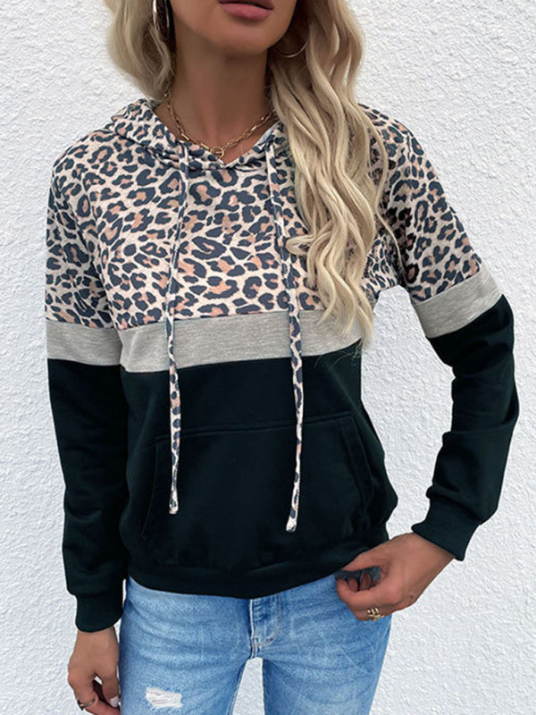 Sweat-shirt léopard à capuche avec poche et cordon de serrage pour femme 