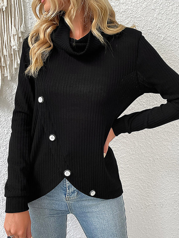 Pull en tricot noir irrégulier à manches longues et à la mode 