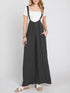 Front view of black jumpsuit with wide legs and pockets