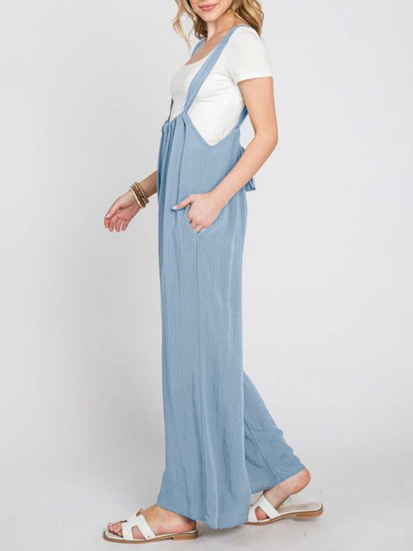 Blue wide-leg jumpsuit with lace-up and pockets