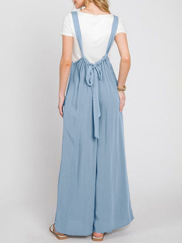 Back view of blue jumpsuit with lace-up detail