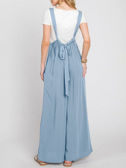 Back view of blue jumpsuit with lace-up detail