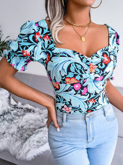 Neues sexy Damen-Hemdoberteil aus Chiffon mit quadratischem Ausschnitt und Blumenmuster 