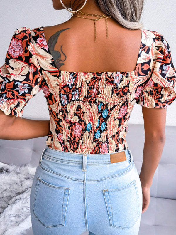 Neues sexy Damen-Hemdoberteil aus Chiffon mit quadratischem Ausschnitt und Blumenmuster 