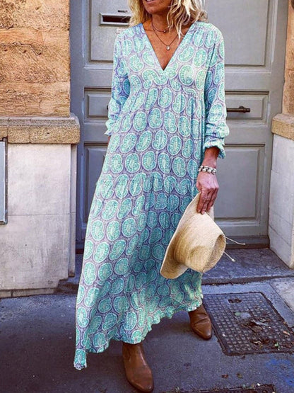 Sexy V-neck long-sleeved printed loose long dress