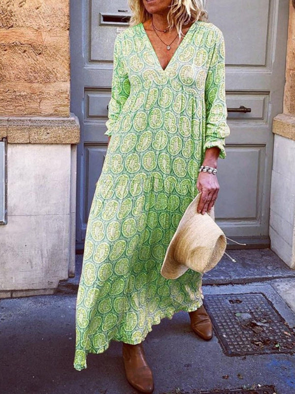 Sexy V-neck long-sleeved printed loose long dress
