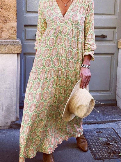 Sexy V-neck long-sleeved printed loose long dress