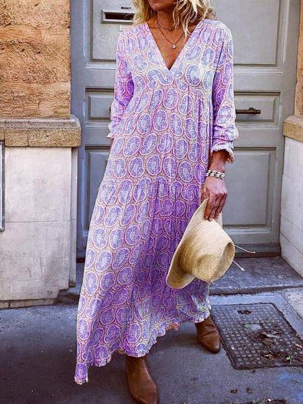 Sexy V-neck long-sleeved printed loose long dress