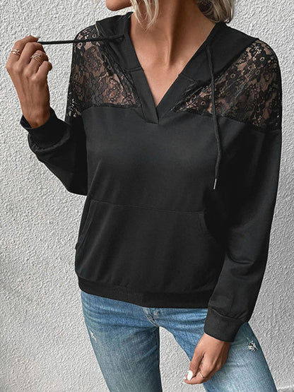 New long-sleeved black lace stitching women&