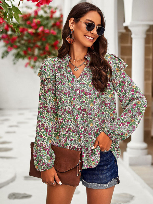 New temperament casual plant floral print long-sleeved shirt top
